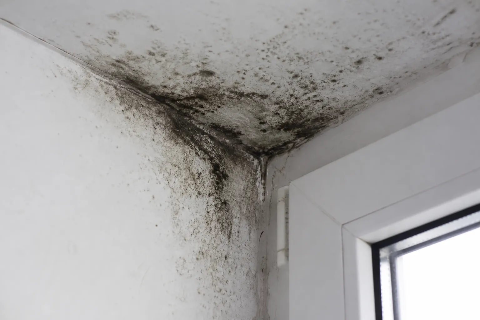 Moisissures de condensation dans un angle de pièce dans le Val-d'Oise
