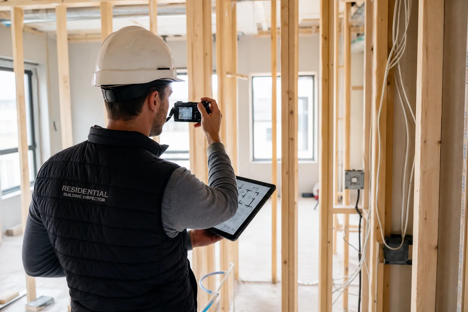 Expert en batiment documentant les constatations lors d'une visite cloisons VEFA dans le Val-d'Oise