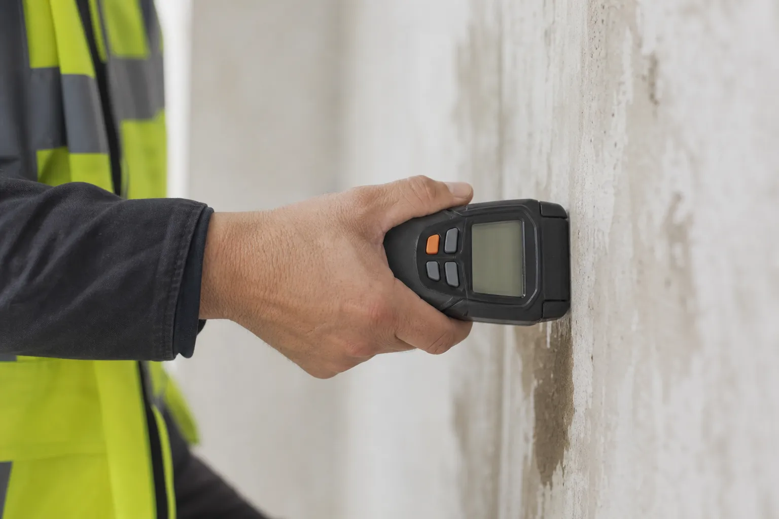Expert en bâtiment mesurant le taux d'humidité d'un mur à l'humidimètre dans le Val-d'Oise (95)