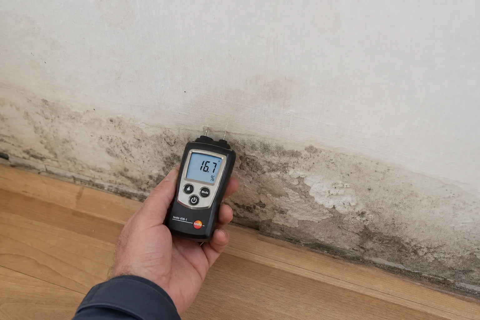 Expert en bâtiment Check my House mesurant l'humidité d'un mur avec un humidimètre dans le Val-d'Oise (95)