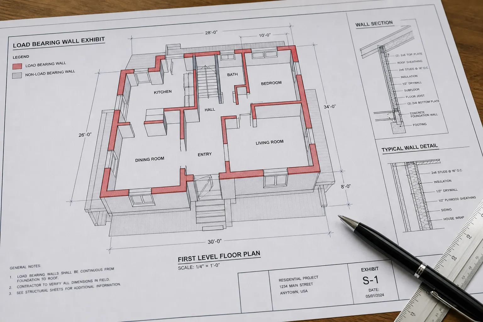Plan identifiant les murs porteurs d'une maison dans le Val-d'Oise