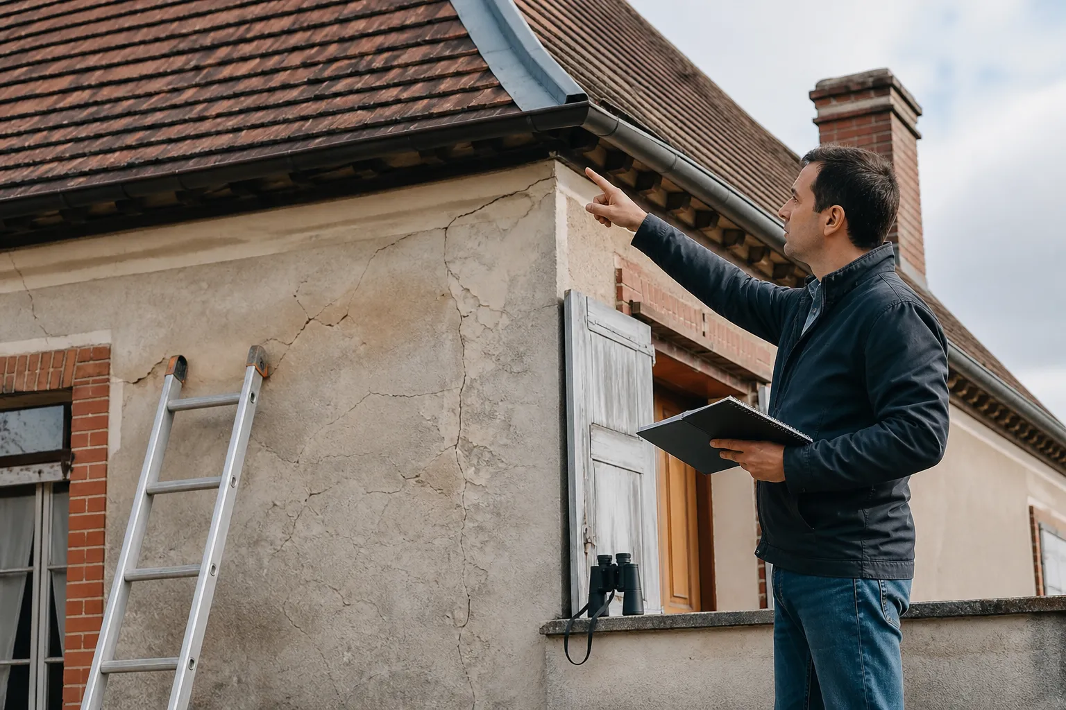 Expert en batiment inspectant la facade d'une maison lors d'une expertise avant achat a Ableiges