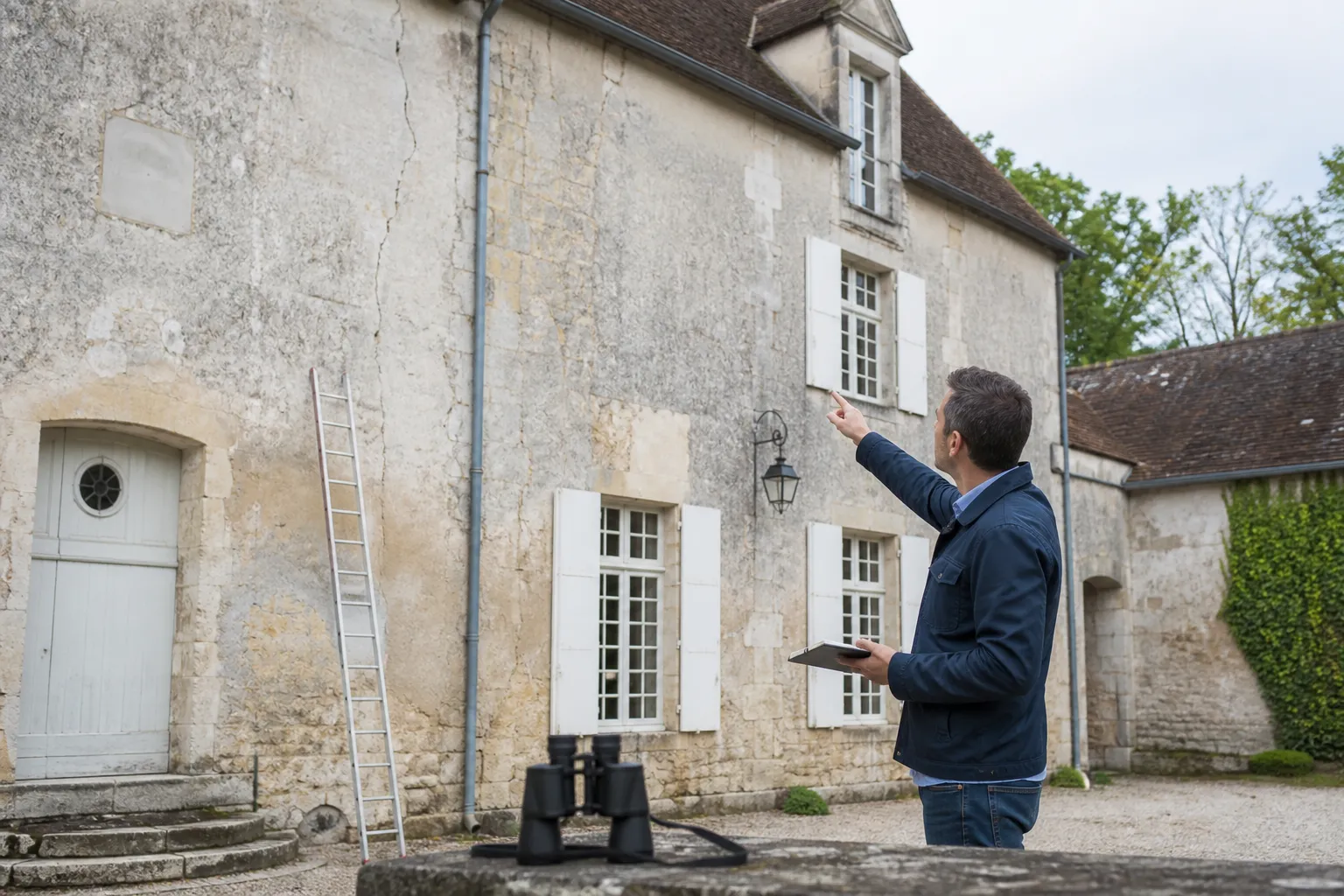 Expert en batiment inspectant la facade d'une maison lors d'une expertise avant achat a Aincourt