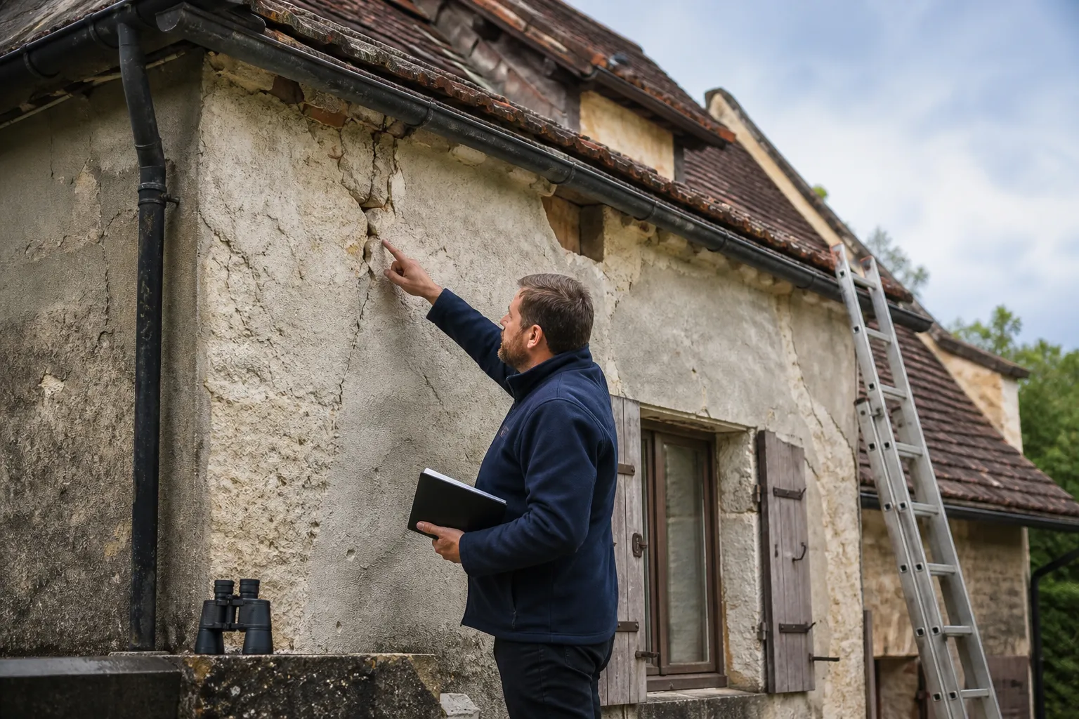 Expert en batiment inspectant la facade d'une maison lors d'une expertise avant achat a Andilly