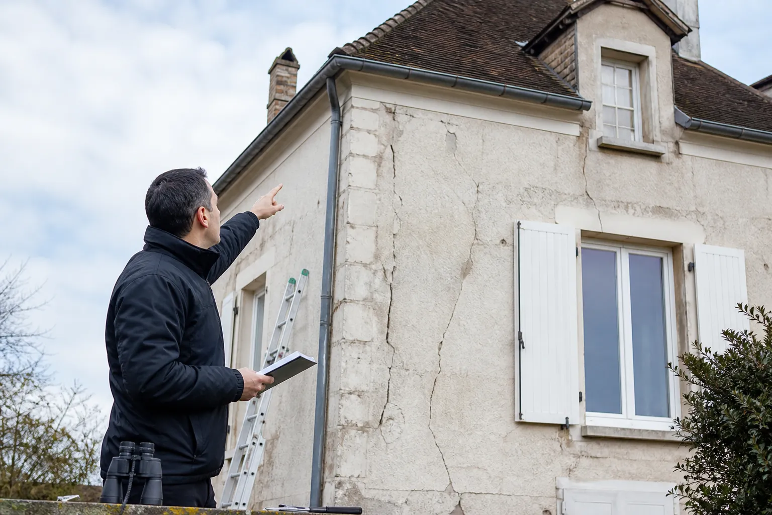 Expert en batiment inspectant la facade d'une maison lors d'une expertise avant achat a Argenteuil