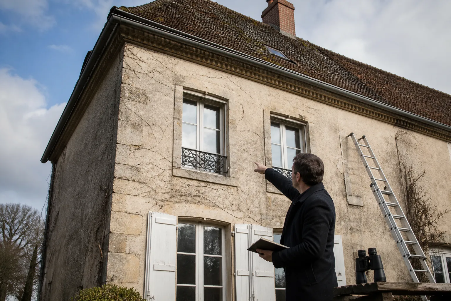 Expert en batiment inspectant la facade d'une maison lors d'une expertise avant achat a Asnieres-sur-Oise