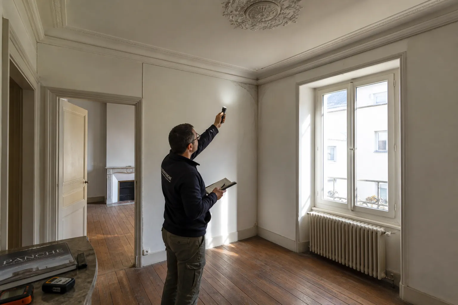 Expert en batiment controlant l'interieur d'un logement lors d'une expertise avant achat a Ableiges