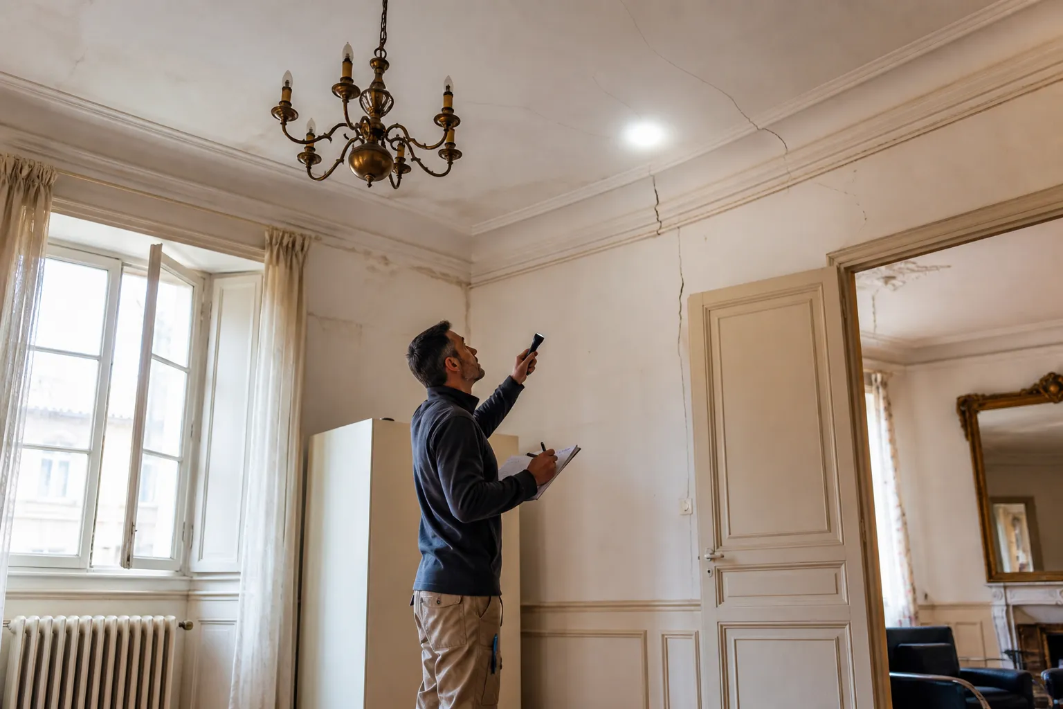 Expert en batiment controlant l'interieur d'un logement lors d'une expertise avant achat a Aincourt