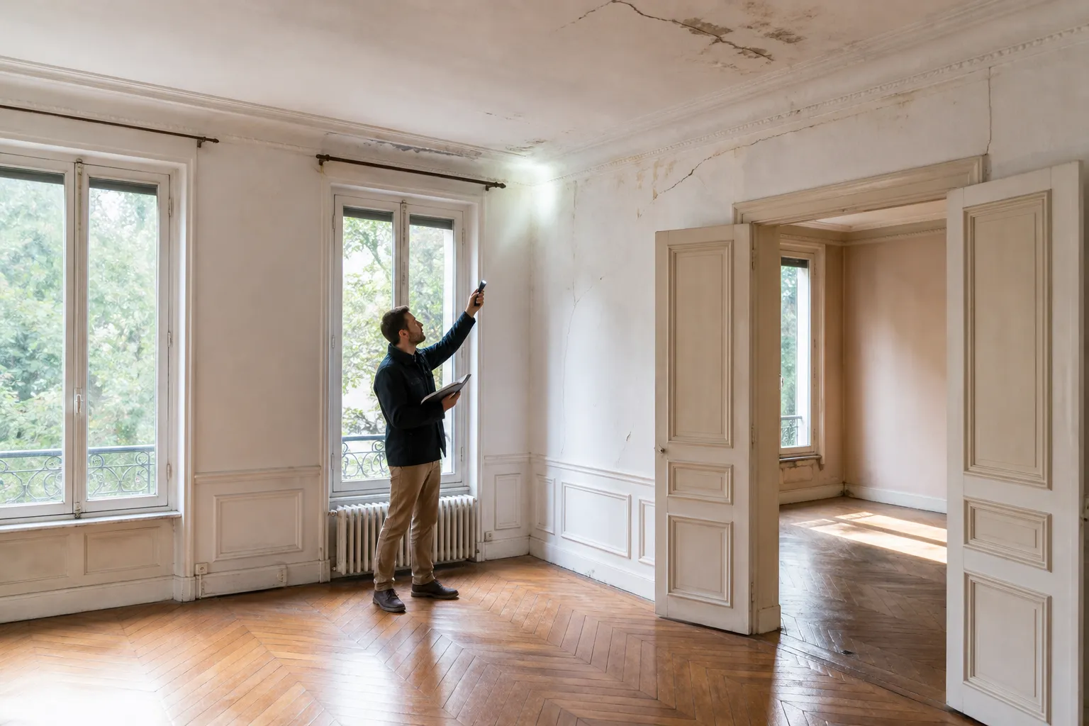 Expert en batiment controlant l'interieur d'un logement lors d'une expertise avant achat a Andilly