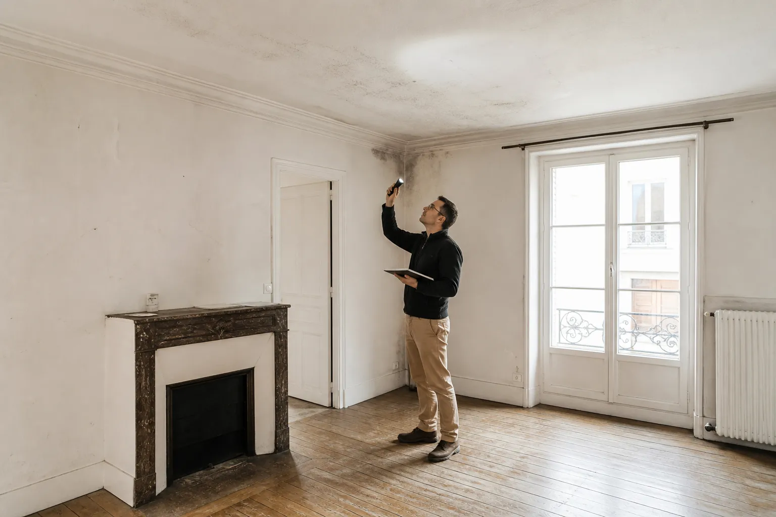 Expert en batiment controlant l'interieur d'un logement lors d'une expertise avant achat a Argenteuil