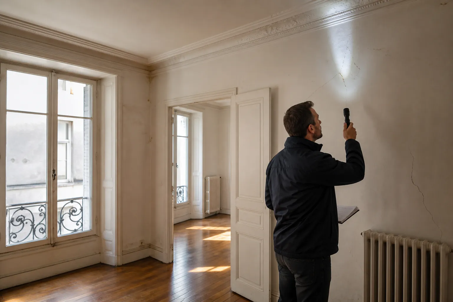 Expert en batiment controlant l'interieur d'un logement lors d'une expertise avant achat a Asnieres-sur-Oise